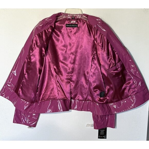 New Pamela McCoy Raspberry Pink Full Zip Pockets Patent Rain Jacket - Picture 4 of 8
